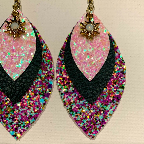 Glitter Faux Leather earrings with gold Opal accent charm - Picture 2 of 5